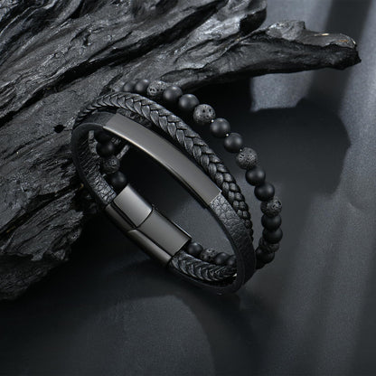 Raymard Mens Tiger Eye Matee Black Onyx Lava Rock Volcanic Stone Beaded Bracelet, Black Braided Leather Bracelet for Men-Matee Black Onyx&Lava Rock