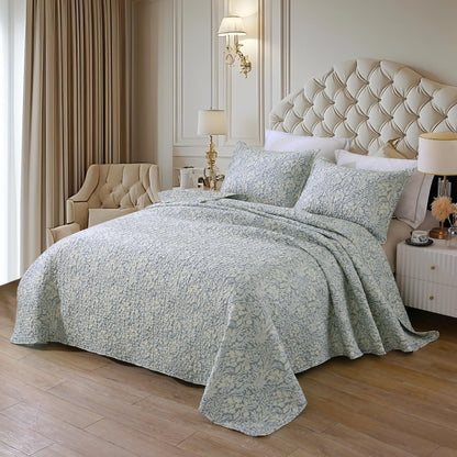DURLENGEN Botanical Quilt Set King Size 3Pcs, Bluish Grey Printed with Beige Leaves Pattern,Soft Polyester Lightweight Bedspread for All Season Layering(King 106x96,Beige Botanical)