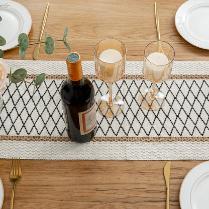 Mayler Yee Table Runner Linear End, Boho Style with Tassels, Cotton & Linen, Farmhouse Home Decor for Living Room Dresser Scarfs (12x72Inch, Black & Beige)