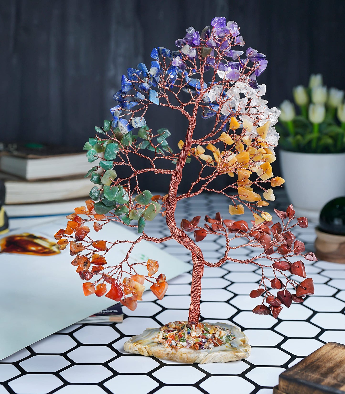 Crocon® 7 Chakra Tree of Life Spiritual Wisdom, Agate Slice Base, Handmade Crystal Tree for Positive Energy, Creativity, Seven Chakra Healing Stone, Attract Good Luck & Charm, Feng Shui Decor, Gifts
