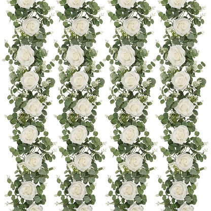 Dolicer 4Pcs 26Ft Artificial Eucalyptus Garlands with Flowers - 8 Roses, Faux Floral Greenery Garlands Fake Flowers Vines for Wedding Table Centerpieces Arch Party Ceremony Backdrop Decor (White)