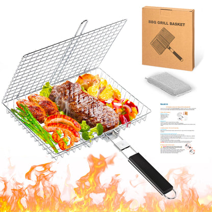 Grill Baskets for Outdoor Grill|Stainless Steel Large Grilling Basket with Removable Wooden Handle|Fish Grilling Basket Grilling for Meat,Steak,Vegetables & Seafood| Grilling Gifts for Dad/Men,Perfect Grilling Accessories