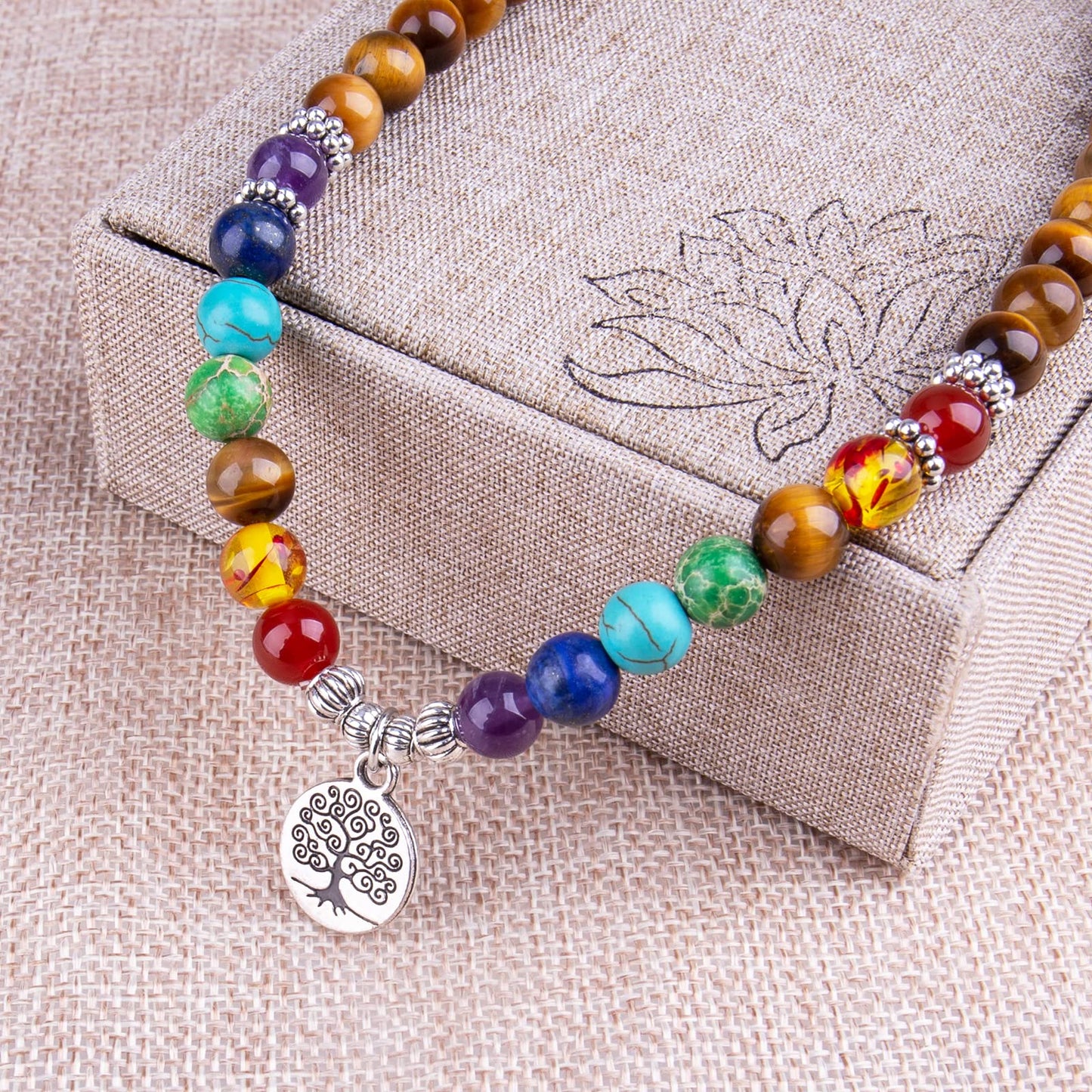 Addmluck 108 Mala Beads Necklace 7 Chakra Tree of Life Pendant Prayer Buddha Bracelets Healing Stone Yoga Men Women Jewelry(7 chakra tiger eye)