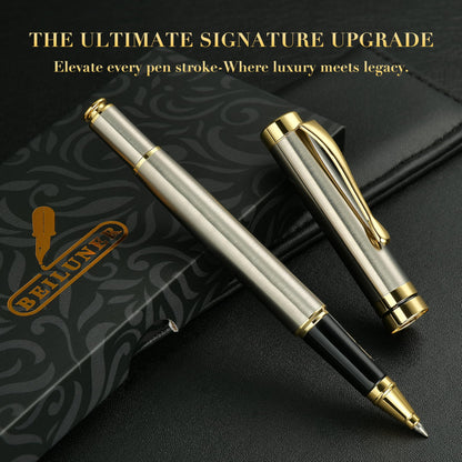BEILUNER Ballpoint Pens, Stunning Silver Chrome Metal Pen with Golden Trim, Best Ball Pen Gift Set for Men & Women, Professional, Executive, Office, Nice Pens-Gift Box with 0.5mm Extra Black Refill