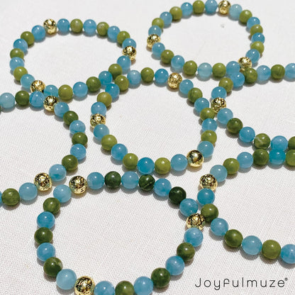Joyfulmuze Aquamarine Serpentine Stretch Bracelet, Natural Blue and Green Round Gemstone, Handmade Spiritual Jewelry for Women Men, Gold Lava Beads, 17cm length (Aquamarine-Serpentinite-Lava Stone)