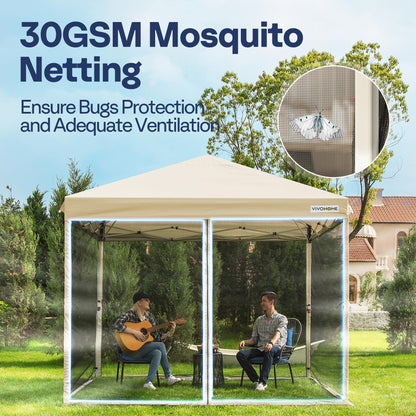 VIVOHOME 10x10ft Easy Pop-Up Canopy, Outdoor Screen Tent with Mosquito Netting, 2 Zipper Doors, and Roller Bag for Yard Camping Picnic Party Events, Beige