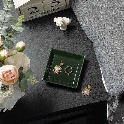 QNMUSUNC Ceramic Ring Dish, Jewelry Dish Holder, Small Trinket Tray Plate for Earrings Rings Necklaces Keys, for Mom Friend Sister (Dark Green Surface)