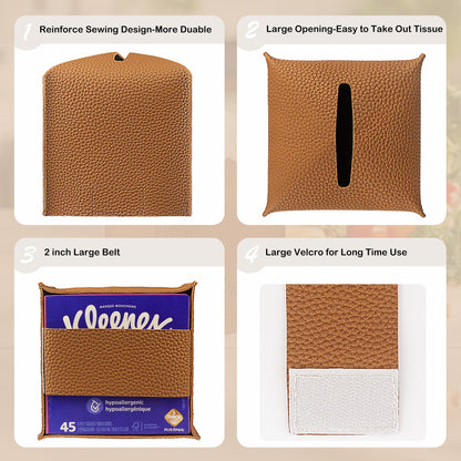 Aeobes Tissue Box Cover Square PU Leather Tissue Holder for Bathroom, Cube Décorative Tissue Organizer, Tissue Paper Dispenser for Car, Kitchen, Bedroom, Office, Tabletop (2, Brown, 5x5x5'')