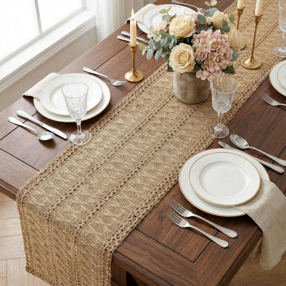 Xiomot Burlap Boho Table Runner Farmhouse Rustic Jute Macrame Woven Dining Table Runner for Bedroom Dresser Kitchen Home Decor(Brown, 12x36 in)
