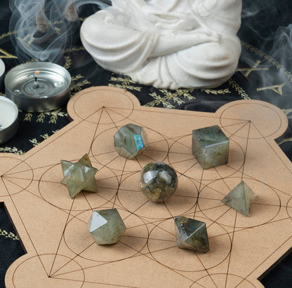 Crocon Labradorite 7Pcs Platonic Solids Crystal Geometry Set, Platonic Solids Sacred Geometric Stones for Meditation Reiki Balancing Healing Chakra Stone Cleansing Spiritual Good Luck (15-20mm)