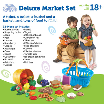 Learning Resources New Sprouts Deluxe Market Set - Pretend Play Kitchen, Fruit Basket, Toddler Outdoor Play Food Toys, Kids Playset, Shopping Basket, Fine Motor Skills, Montessori Sensory Cooking