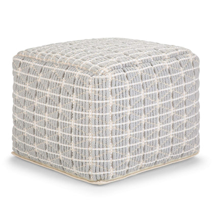 SIMPLIHOME Noreen Square Pouf - 18 inch Wide Upholstered Handwoven Cotton Ottoman in Light Blue and White, Boho Footstool or Extra Seating for Living Room with Polystyrene Filling, Assembled