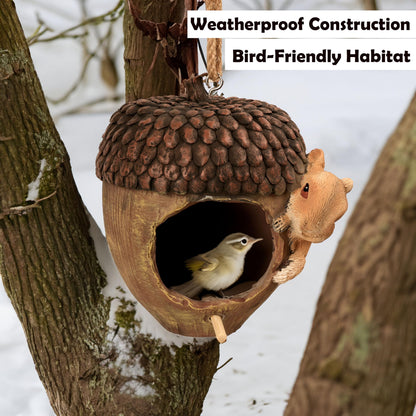 Hvfun Hanging Bird Houses for Outside, Acorn-Shaped Resin Birdhouse with Squirrel Design for Outdoors Decorative Birdhouses,