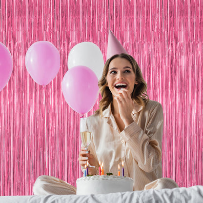 2 Pack Pink Party Decorations, 3.28 FT x 7.05 FT Pink Backdrop, Metallic Tinsel Backdrop Fringe Curtains Backdrop Curtains, Photo Backdrop Party Supplies Birthday Party Decorations