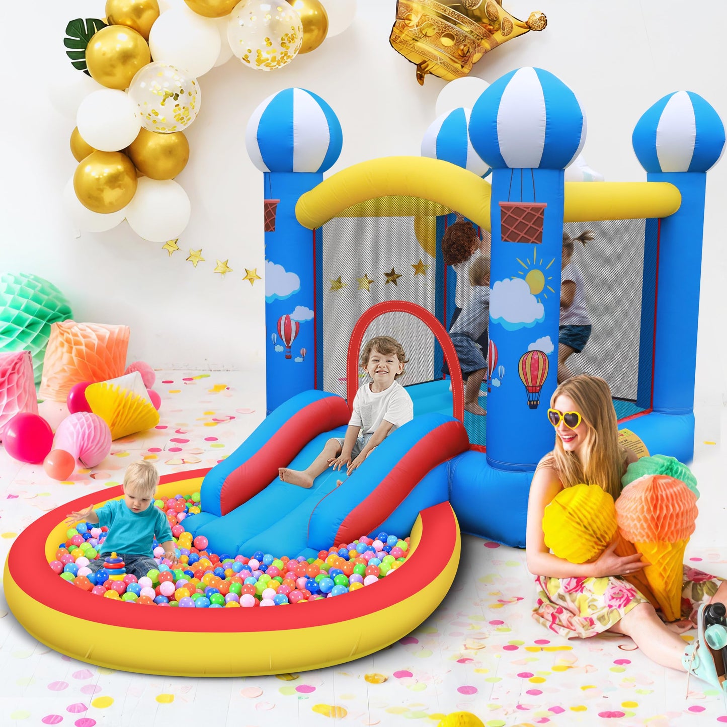Culaluva Inflatable Bounce House: 4 in 1 Bouncy Castle with Ball Pit & Slide for Kids Age 3-6 with 370 Watt Blower and Storage Bag for Indoor Outdoor Play Oxford Cloth