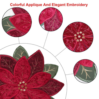 OWENIE Christmas Placemats Set of 4, Poinsettia Table Mats with Embroidered and Applique Velvet Fabric, 16 Inch x 16 Inch Diecut Placemat for XMAS Holiday Tabletop, Round Doilies for Dining Table, Red