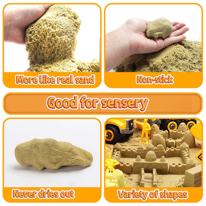 YIDESTARS Play Construction Sand Kit,2.2lbs Magic Sand W/4 Large Take Apart Construction Trucks,1 Sandbox,8 Worker Figures and Road Signs,8 Molds,Toys for 2-8 Years Old Boys Girls
