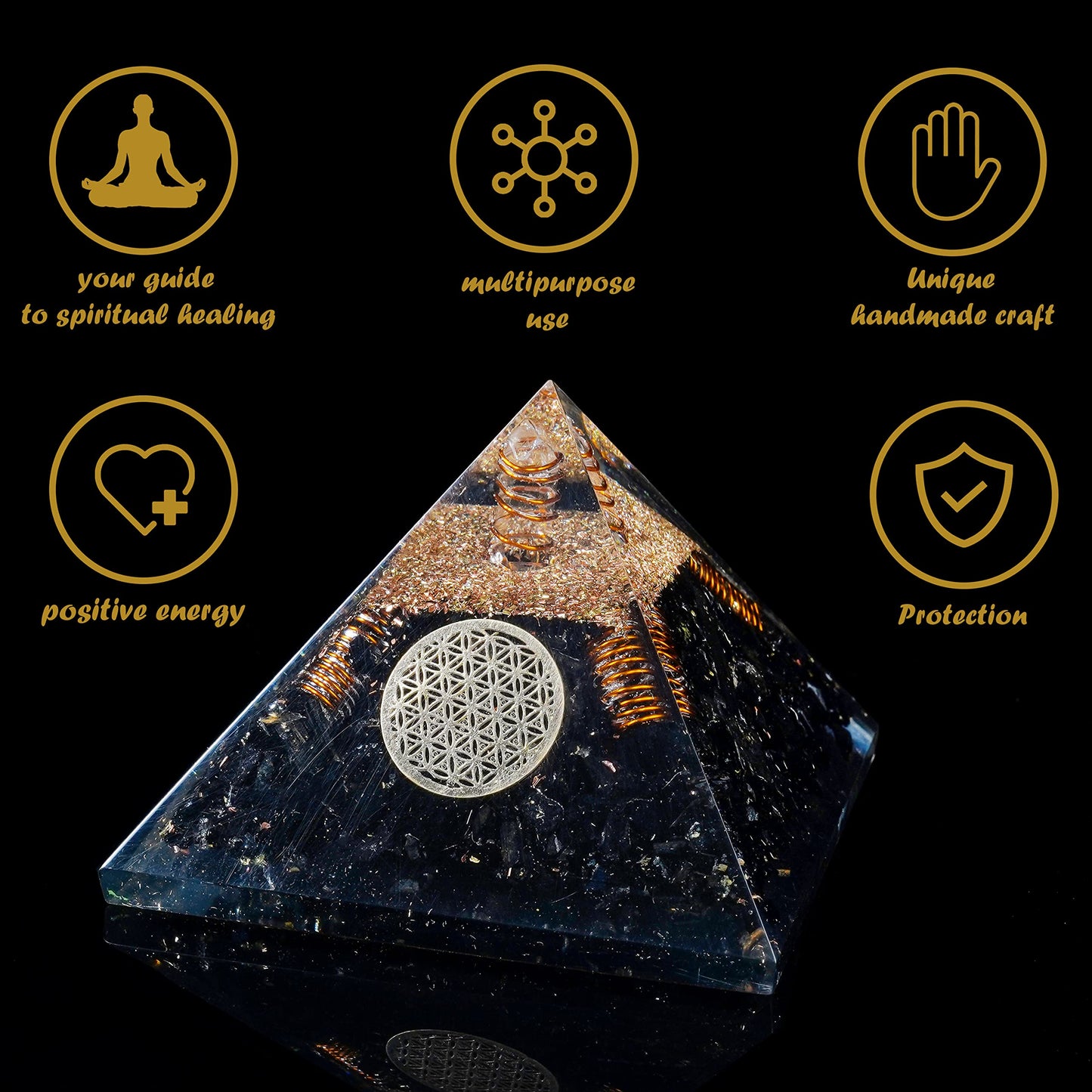 Crocon 55mm orgone Pyramid Black Tourmaline Protection Crystals Reiki Healing Stones, organite Pyramid for Good Luck Gift for Women Men Gemstone Crystal Chakra Charm orgonite Collection
