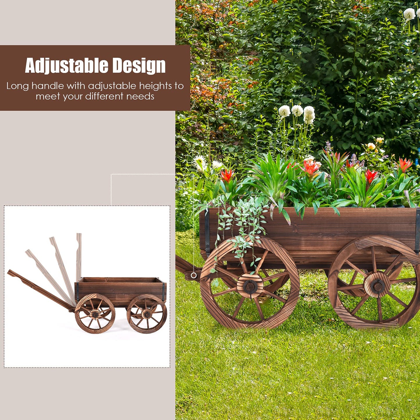 Tangkula Wooden Wagon Planter Box, Decorative Garden Planter w/Wheels, Handle, Drain Hole, Rustic Wooden Flower Cart for Indoor & Outdoor Decor for Patio, Garden, Balcony (29.5" L x 17" W x 21" H)