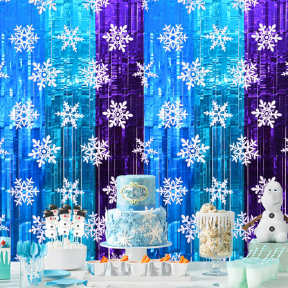 Bupelo Winter Princess Birthday Party Decorations, 2 Pack Ice Birthday Party Supplies 3.3x6.6ft Tinsel Foil Fringe Curtains, Winter Photo Booth Prop Backdrop Streamer, Snowflake Birthday Party Decor