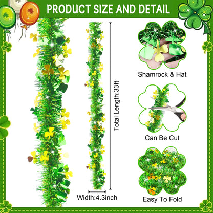 33FT St Patricks Day Decorations Gold Green Shamrock Hat Tinsel Garland, Shiny Metallic Hanging Shamrock Garland Streamer Saint Patricks Day Decor for St Patrick's Day Home Indoor Outdoor Irish Party