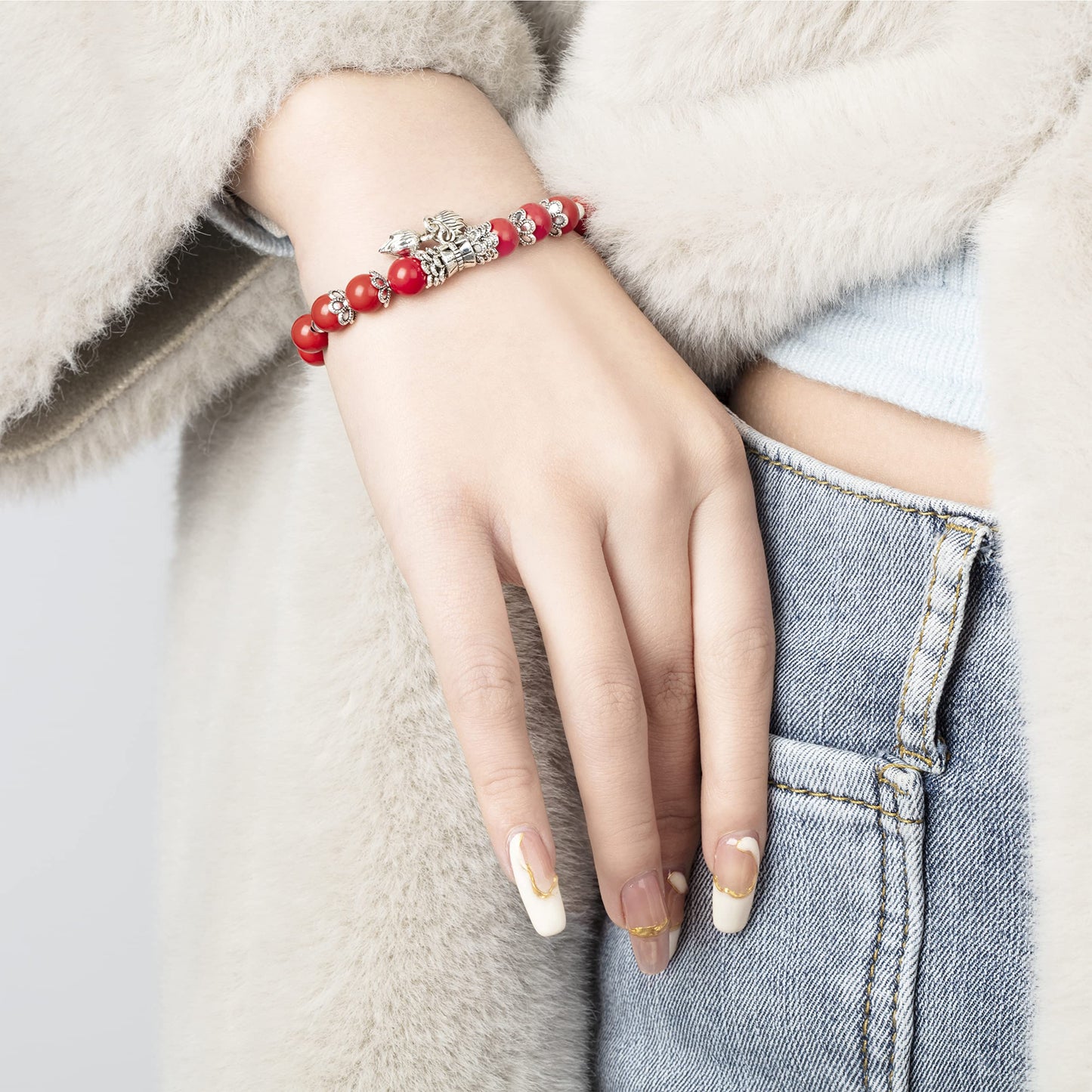 MEHUK 8mm Cinnabar Stretch Bracelet for Women Natural Mineral Energy Gift for Men Lucky Friendship Couple