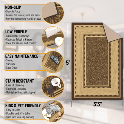 Ottomanson Area Rug 3'3" x 5' – Non Slip Rubber Backed Indoor Rug, Low Pile Accent Rug for Living Room, Bedroom, Entryway, Kitchen, Durable Floor Carpet, Border Brown