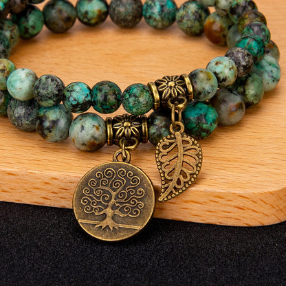 Bivei Natural Semi Precious Gemstone Beads Bracelet for Women - Life Tree and Leaf Charm Chakra Energy Anxiety Stretch Bracelets(African Turquoise)