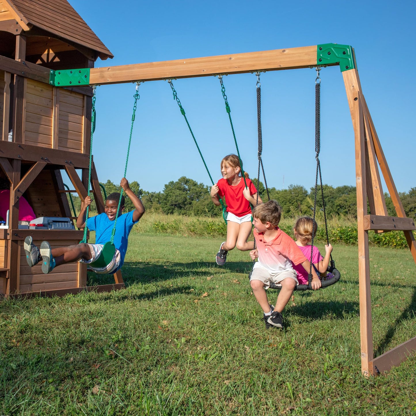 Backyard Discovery Cedar Cove Wood Swing Set with Spiral Tube and Wave Slide, Clubhouse, Toy Grill, Snack Bar, Rock Wall, Belt Swings, Web Swing, Balcony,Chalkboard, Ladder,Outdoor Playset 10 Years
