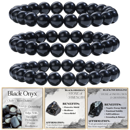 Bivei 3-Piece 8mm Beaded Bracelets for Women – Black Onyx, Black Obsidian, Black Tourmaline – Handmade Natural Crystal Stretch Elastic Jewelry for Meditation, Yoga, Protection Gifts