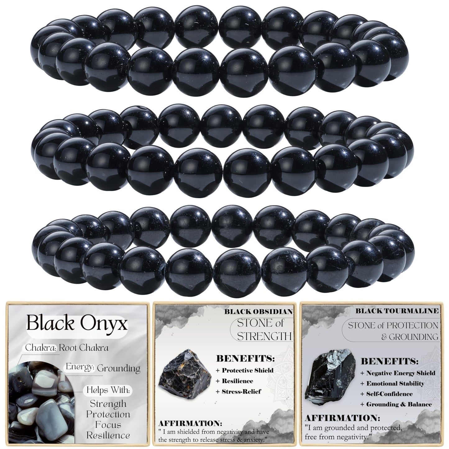 Bivei 2-Piece 8mm Beaded Bracelets for Women – Black Onyx, Black Obsidian – Handmade Natural Crystal Stretch Elastic Jewelry for Meditation, Yoga, Protection Gifts