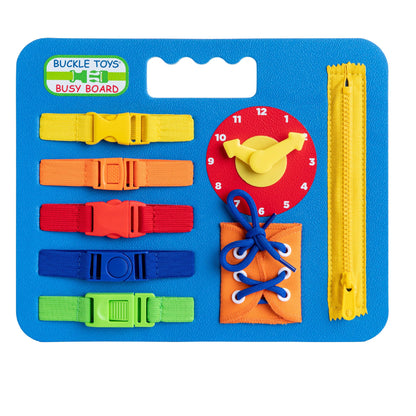 Buckle Toys Busy Board - Montessori Learning Toy for Toddlers Kids Road Trip Activies - Foam Sensory Board - Develop Fine Motor Skills - Blue