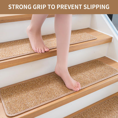 DONJOP 9.5x36 Inch Stair Treads for Wooden Steps Indoor(15-Pack) – Non Slip Adhesive Peel and Stick Carpet Stair Treads, Washable & Reusable Stair Runner Rugs for Kids Elders and Pets-Khaki