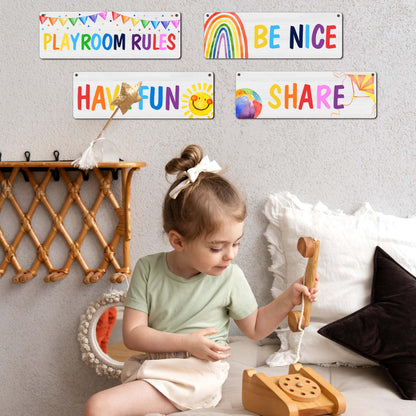 4 Pieces Playroom Decor Kids Room Wall Decor Wooden Sign - Rainbow Theme Motivational Wall Art For Kids Room Nursery Classroom - Playroom Rules Be Nice Share Have Fun(Sign-12)
