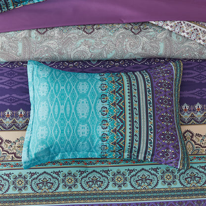 Cottolester Boho Comforter Set Queen Size 8 Piece Bed in a Bag Bohemian Striped Bedding Quilt Set Aqua Paisley Floral Comforter and Sheet Set,Soft Microfiber Complete Bedding Sets for All Season