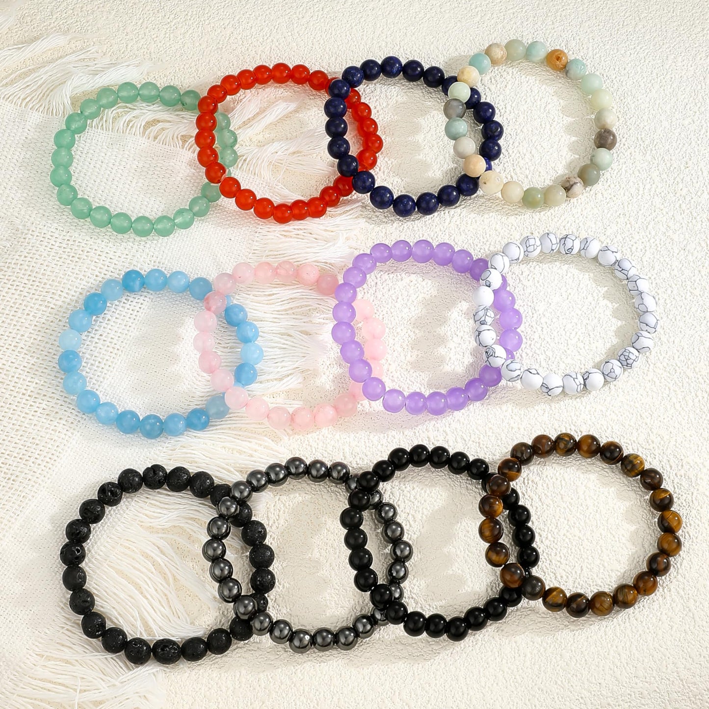 EIELO 12Pcs Crystal Stone Bracelets for Women Men Semi-Precious Gemstone 8MM Beaded Bracelets Natural Crystal Energy Stone Stretch Bracelet Set Jewelry Gift