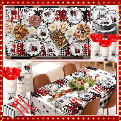 Dandat 402 Pcs Disposable Party Supplies - Christmas Plates Napkins Cups Tablecloth for Holiday Xmas (Black White, Christmas Tree)
