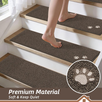 BEQHAUSE Stair Treads for Wooden Steps 28inX9in, Non Slip Carpet Stair Treads Indoor Stair Runners Machine Washable, Soft Stair Rugs Mat Surface Polyester TPE Backing, 15pcs, Brown