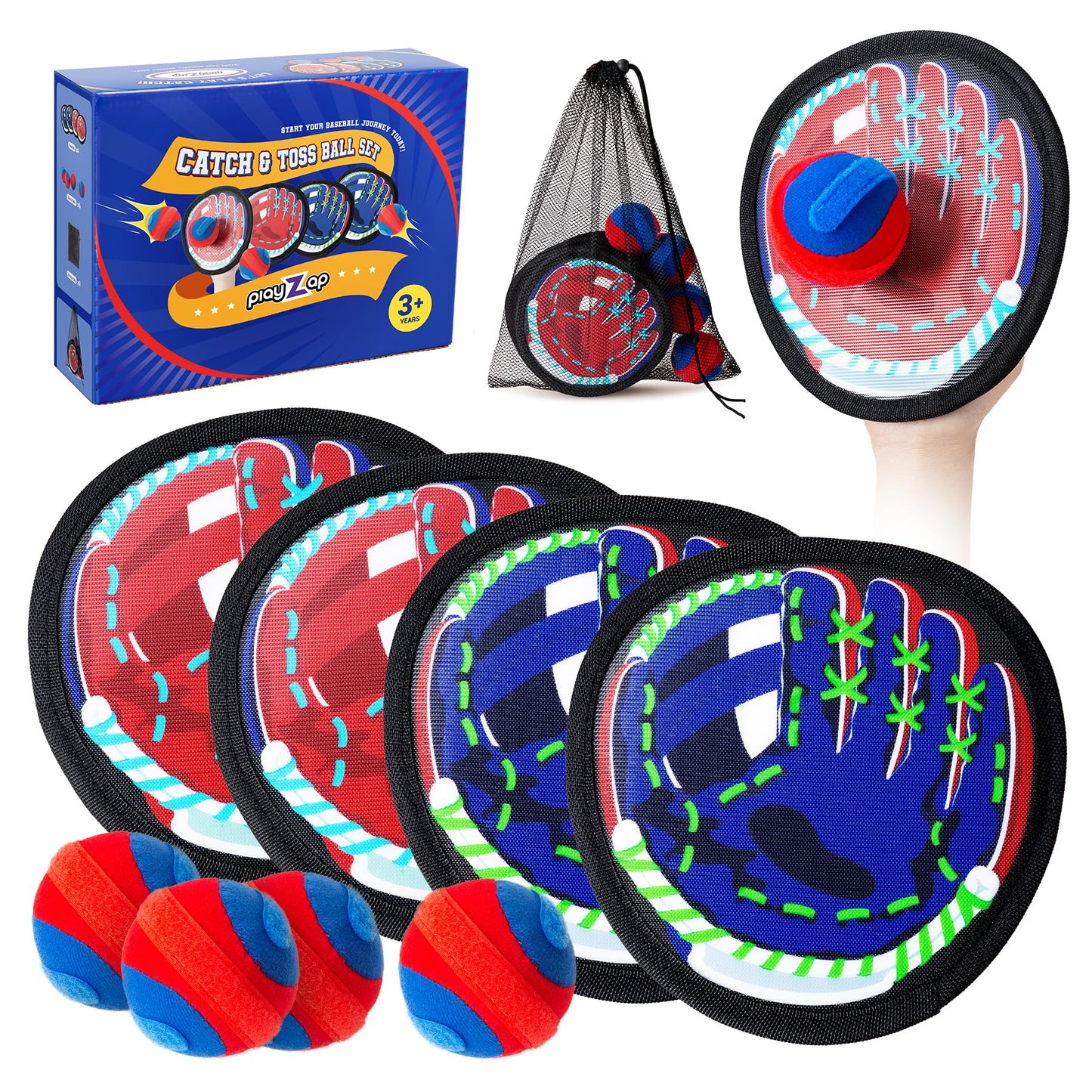 PlayZap Toss and Catch Ball Set Ultra Soft Fabric - Birthday Gift for Toddlers Kids Boys Girls 2-4 5-7 8-13+ Yrs - Baseball Glove Toy Indoor Outdoor Yard Game & Beach/Pool Toy Set 4 Pack