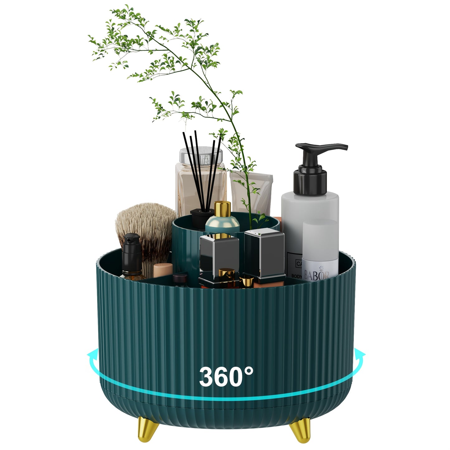 360° Rotating Makeup Organizer - 1pc Plastic Cosmetic Storage with 5 Compartments - Multi-Functional Holder for Brushes, Lipsticks, Light Beige Care Products, and Stationery - Durable Unscented Desk Caddy with Luxury Stripe Design, Perfume Organizer