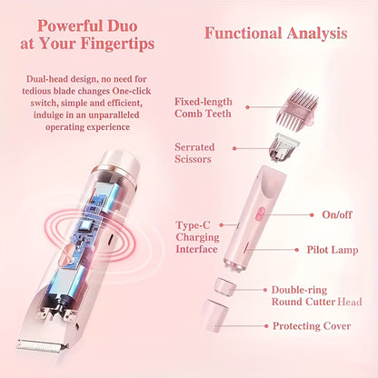 Women's 2-in-1 Dual-Head Electric Bikini Trimmer & Facial Shaver - USB- Wet/Dry Epilation Device Suitable for Bikini, Underarms, Legs, Arms, Face - Long-Lasting Battery, Body Hair Removal Tool with Ergonomic Grip