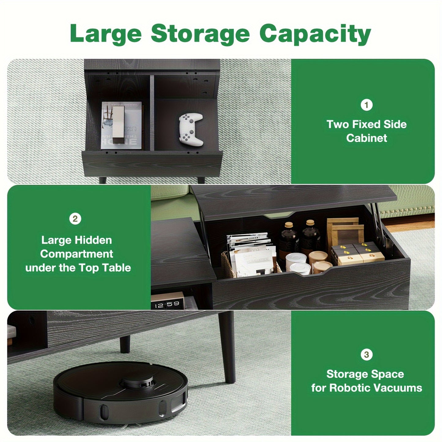 Versatile Lift Top Small Rising Wooden Dining Center Table - Elegant Black Coffee Table For Living Room - With Storage Shelf And Hidden Compartment, Ideal For Organizing And Enhancing Your Living Space
