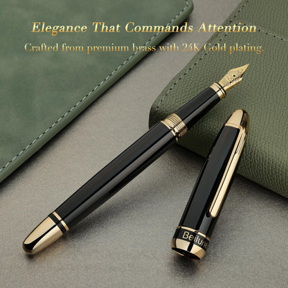 BEILUNER 315 Black Fountain Pen,Stunning Luxury Pens with 24K Gold Accents, Gorgeous 24K Gilded Nib(Medium), Ink Converter,Fancy Pen Gift for Men&Women-Elegant, Office, Reliable, Nice Design