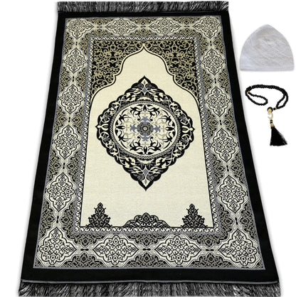ESERRA Muslim Prayer Rug - 99 Beads & Cap Included, Islam Prayer Mats for Men, Women & Kids (Black)