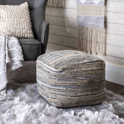 nuLOOM Granada Knitted Casual Denim and Jute Ottoman Pouf