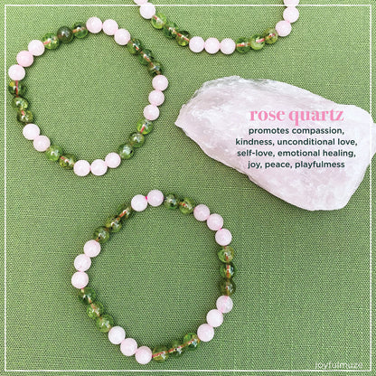 Joyfulmuze Handmade Stretch Bracelet Rose Quartz and Peridot, Natural Green Pink Stone, Simple Genuine Beaded Stretch Cuff 8mm, Healing Chakra Bracelet, Gifts for Women. 6.5-7 inch Wrist