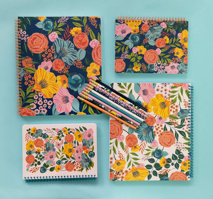 Steel Mill & Co Cute Large Spiral Notebook College Ruled, 11" x 9.5" with Durable Hardcover and 160 Lined Pages, Garden Blooms (Navy)