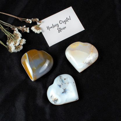 Crocon 50mm Botswana Agate Heart Stone Big Heart Shape Puff Stones Set 450+ Carats Pocket Crystal Healing Tumble Collection Palm Worry Stone Good Luck Charm Meditation Gift Craft Home Decor