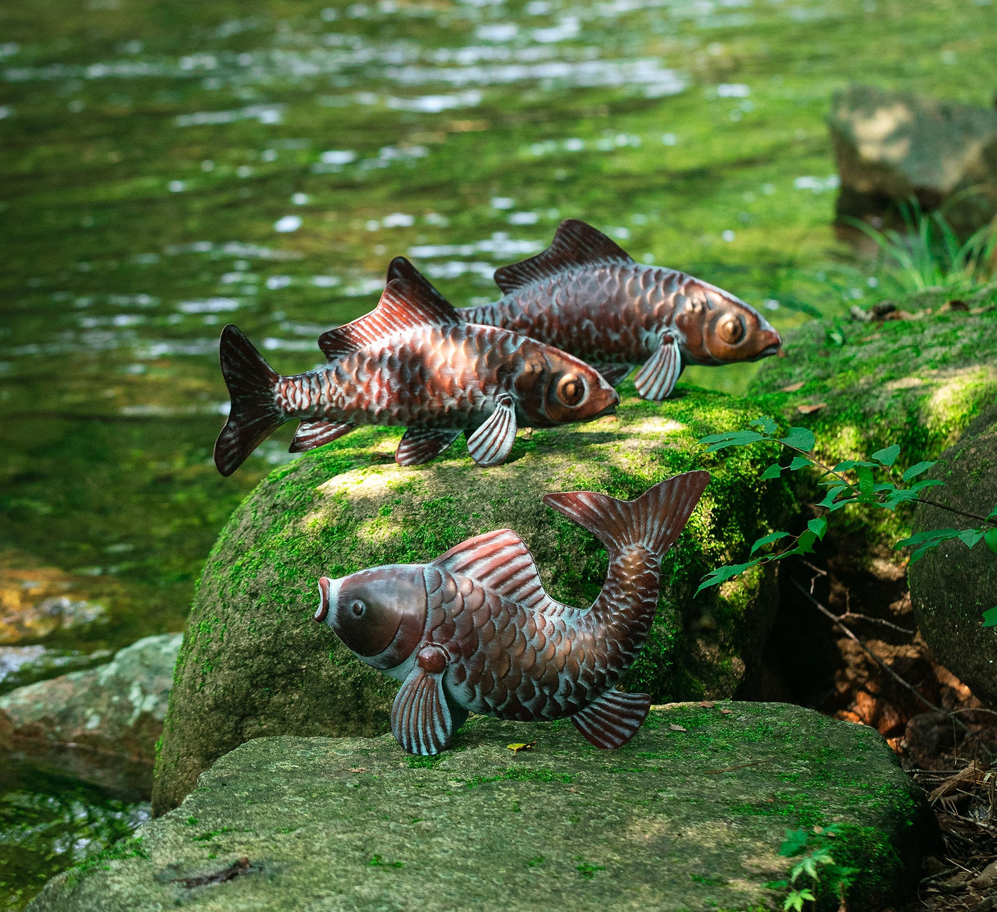 CLYB Metal Koi Fish Statues for Outside Pond Decor,Large Outdoor Fish Garden Sculptures & Statues,Antique Copper Garden Koi for Yard Patio Decoration,Metal Yard Art Gift for Mom Grandma,Set of 3