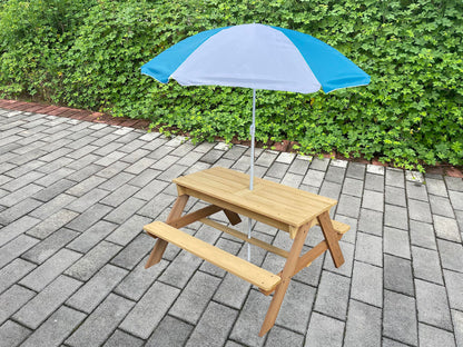 BTExpert Kids 3-in-1 Sand Water Activity Table Wooden Outdoor Convertible Picnic Table Bench Adjustable Umbrella Removable Top 2 Play Boxes Toy Set 37 x 35 in